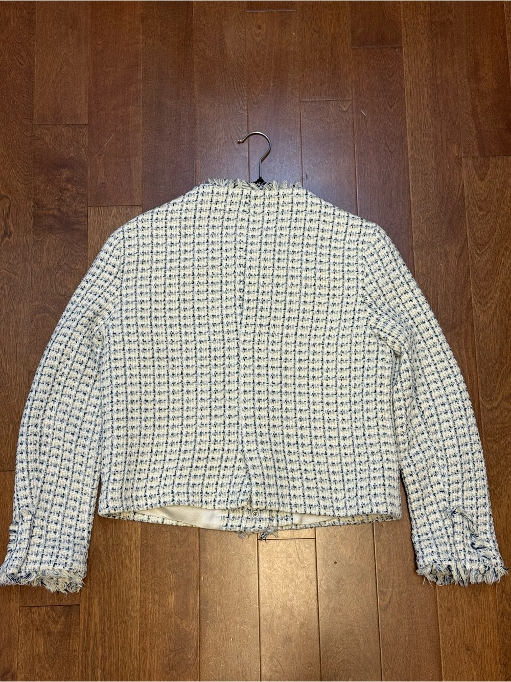 Zara Cream & Light Blue Tweed Fringe-Trim Jacket - Picture 3 of 6